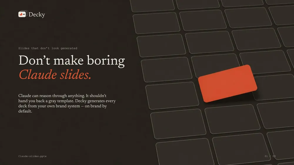 Decky slide: perspective grid of deck cards on dark ink with a coral highlight