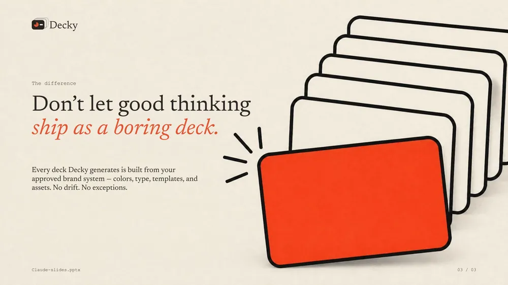 Decky slide: stacked layout cards with a single coral card called out